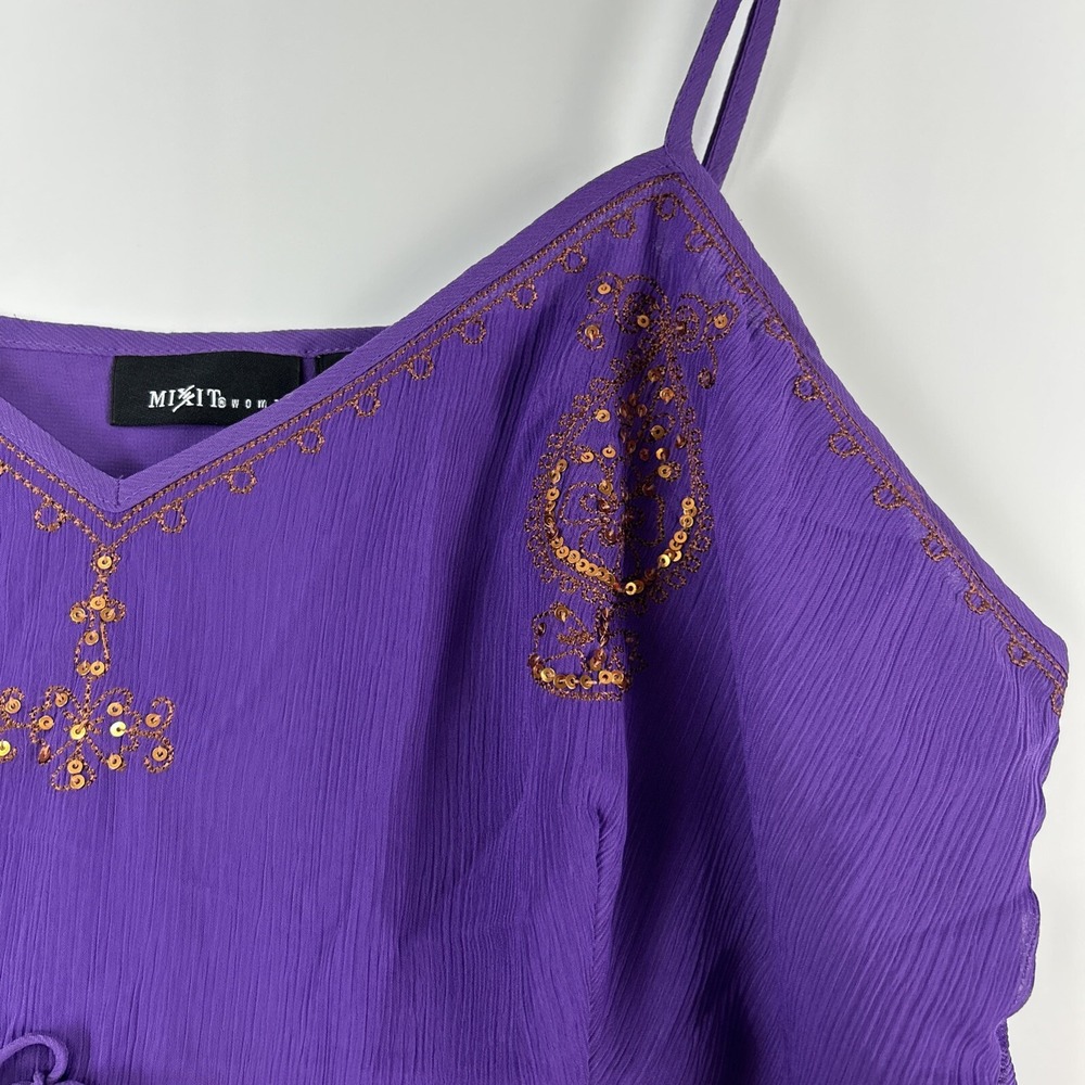 Vintage Mix It Womens Babydoll Tank Top Size 1X Purple Sequins Chiffon Gypsy - Picture 5 of 15